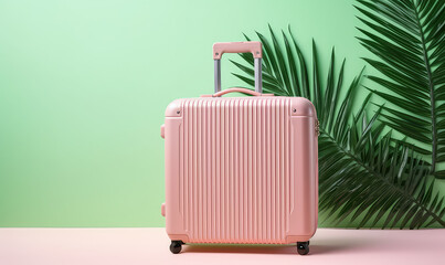 Travel suitcase isolated on pastel flat background with copy space for text decorated with palm leaves. Pink and green colors. Creative tourist banner.