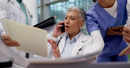 Chaos, overworked and woman doctor with anxiety, conversation and burnout on phone call. Office, paperwork and communication of healthcare and senior medical professional with stress at work