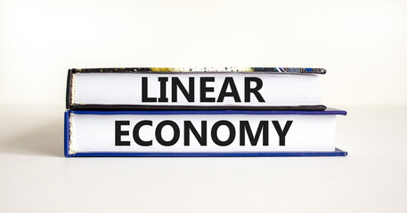 Linear economy symbol. Concept words Linear economy on beautiful books. Beautiful white table white background. Business linear economy concept. Copy space.