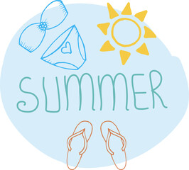 Fototapeta na wymiar The word SUMMER on a blue background. Highlight cover, social media design, icon, emblem, logo. Illustration swimsuit, sun, flip flops in doodle style