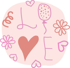 The word LOVE in pink. Highlight cover, social media design, icon, emblem, logo. Doodle style illustration