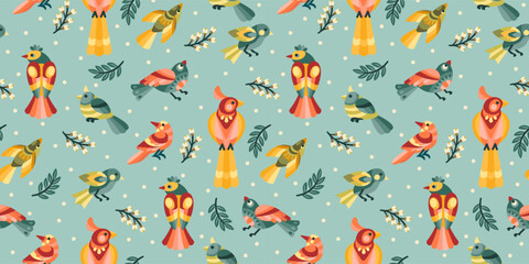 Folk floral seamless pattern with birds. Modern abstract design for paper, cover, fabric, pacing and other