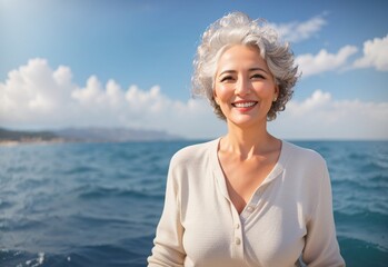 Beautiful smile mature senior woman at beach with blue sky