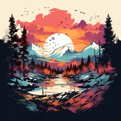 Mountain Lake Clip Art or T-Shirt Design