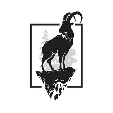 Vector of an alpine ibex silhouette in a forest