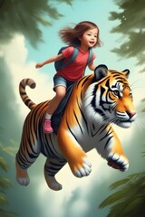 Fototapeta na wymiar realistic art, tiny girl riding back of a tiger flying in air, background beautiful forest. 