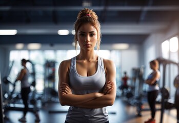 Female gym standing confident with crossed hands blurred background 