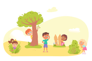 Obraz na płótnie Canvas Little kids playing hide and seek in park. Playing game with friends outdoor in summer vacations vector illustration. Boy counting, boys hiding begind tree, girl running to hide