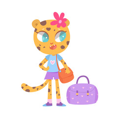 Fototapeta premium Cute leopard travels, female baby animal character with flower on head and summer clothes