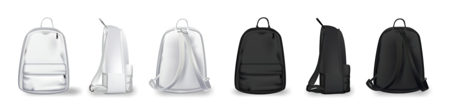 Black and white backpack design front, back and side view set. College or school rucksack mockup vector illustration. Realistic youth pack of fabric for study or sport isolated on white background