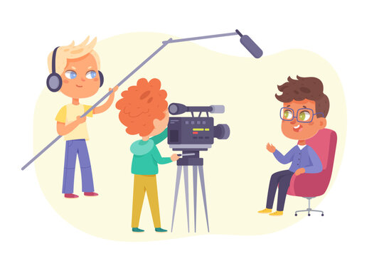 Interview talk show with celebrity and backstage team set vector illustration. Cartoon isolated boy speacker sitting in chair, talking in front of recording video makers crew in television studio