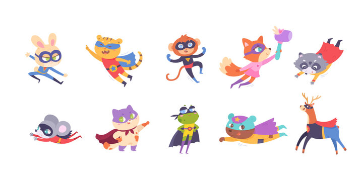 Superhero animals set, cute zoo collection, strong superman characters with hero costume