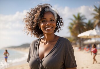 Happy beautiful attractive black mature female on the beach