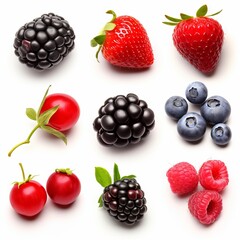 Berries collection of raspberry, blueberry, blackberry, cherry isolated on white background