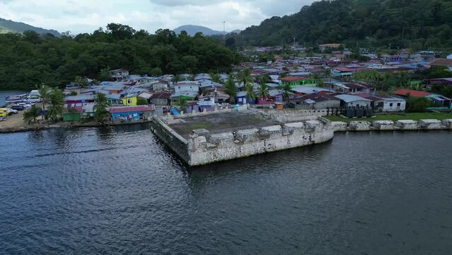 Aerial of the old buildings and fortifications of Portobelo in Panama