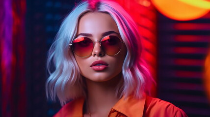 Glamor girl with glasses on neon light background