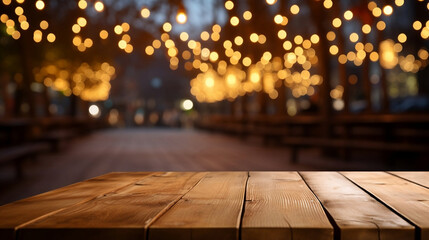 Empty Wooden Table with Blurred Outdoor Café Lights in the Background. generative Ai.