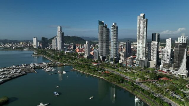 Drone footage over Cinta Costera in Panama City, Panama on a sunny day