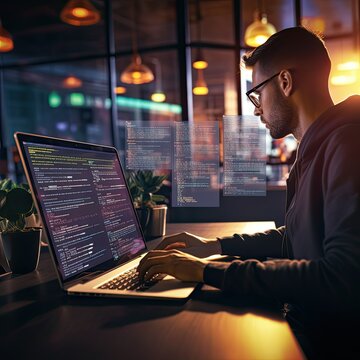 software development concept. Man Coding programmer, software engineer working on laptop with javascript computer code on screen, internet of things IoT, digital technology, Generative AI