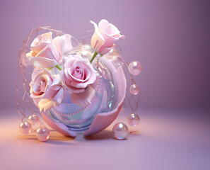 Pastel romantic, futuristic baby pink flowers, roses in vase on softly bright background. Hologram concept.
