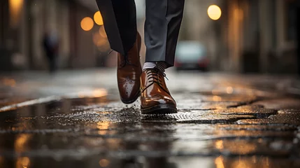 Fotobehang Powerful Close-up Shot of a Determined Businessman's Shoes Striking the Pavement Mid-stride. Generative Ai. © Philipp