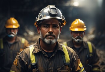 Miners wear head protection blurred background