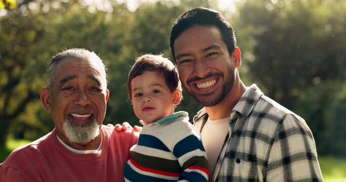 Face, grandfather and dad with kid in nature on vacation, holiday or travel outdoor to bond together. Interracial, grandpa and happy father with child in park, forest or countryside family portrait