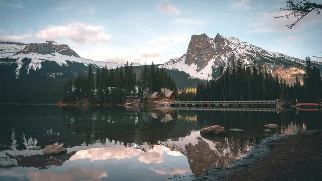 4K Timelapse Emerald Lake, Yoho National Park. Sunset and Sunrise with Northern Lights. Banff, Alberta, Canada. Time Lapse Travel Concept Mountains.