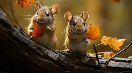 Two little mice in autumn leaves 
