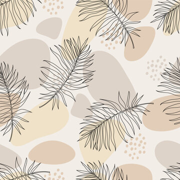 Seamless pattern with palm leaves and organic shapes. Line art, continuous line. Pastel earth colors, minimalism. Botanical abstract pattern. Vector illustration.