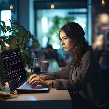 software development concept. Woman Coding programmer, software engineer working on laptop with javascript computer code on screen, internet of things IoT, digital technology, Generative AI