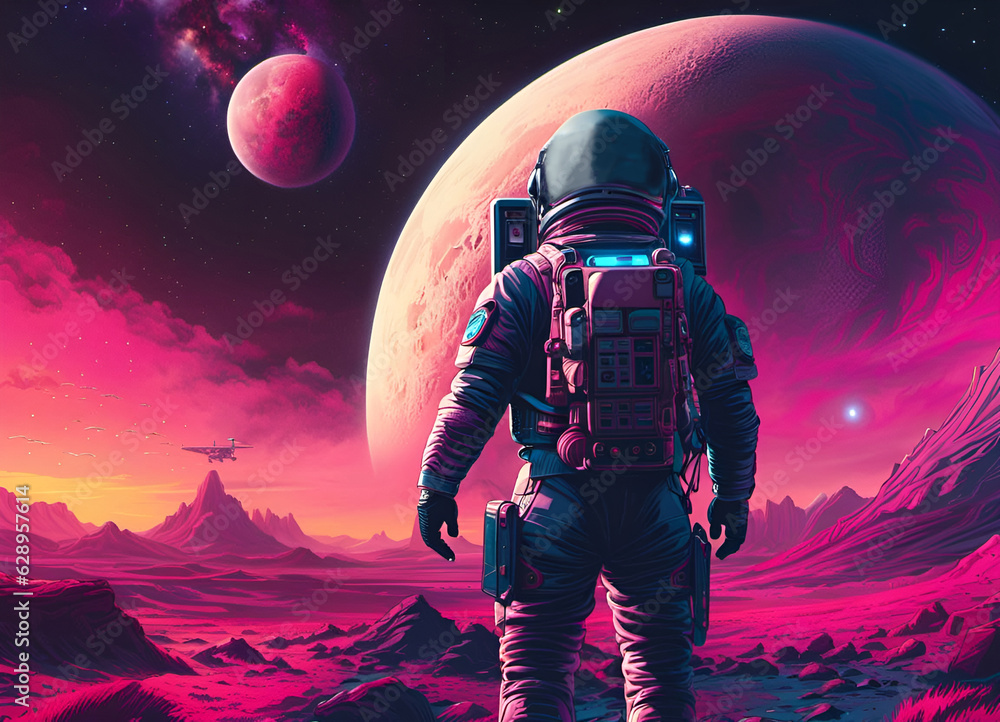 Wall mural the back of an astronaut exploring a strange planet. pink planets in the background. science fiction