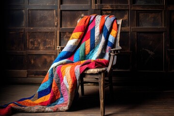 colorful patchwork quilt draped over a chair - obrazy, fototapety, plakaty