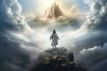 Back view of Jesus Christ stand on mountain in heaven. Concept of spiritual faith in God in Christianity and catholicism