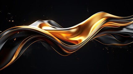 Three-dimensional  golden black body wave on a black background. Abstract background with dynamic effect. Illustration for cover, card, postcard, interior design, print, advertising or presentation.
