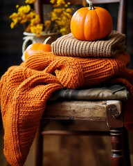 autumn composition with pumkin and knitted clothes , rustic style  