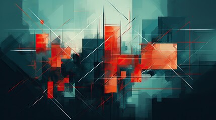 Contemporary abstract geometric art of buildings. Red and blue graphic. Town. Illustration for banner, poster, cover, brochure or presentation.