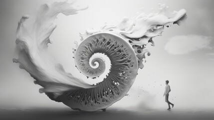 The concept of eternity of being. A giant ammonite shell in section and a human figure next to it. Illustration for cover, card, postcard, interior design, decor or print.