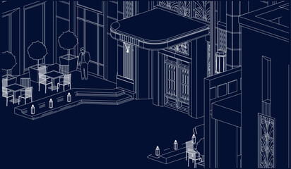 Architectural illustration of a luxury hotel entrance in 3D with a vector blueprint