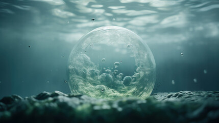 Radioactive contaminated seawater formed into a sphere underwater, reflecting the ocean wave's color, conceptual representation