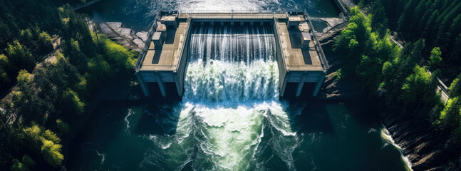 Hydroelectric power dam on a river in mountains, aerial view. Generative AI - Powered by Adobe