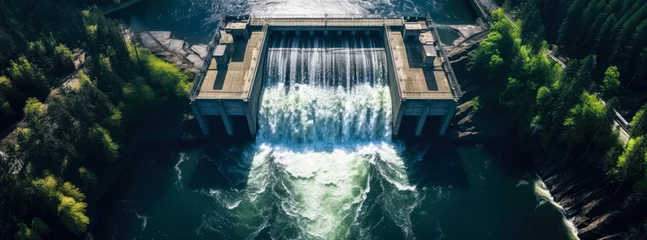 Fotobehang Hydroelectric power dam on a river in mountains, aerial view. Generative AI © Lubo Ivanko