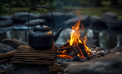 Coffee pot on campfire. Small kettle is heated on a bonfire. Hiking, travel in the mountains. Outdoor recreation concept. digital ai