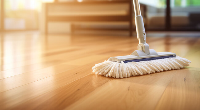 Floor Cleaning With Mob And Cleanser Foam. Cleaning Tools On Parquet Floor, Digital Ai