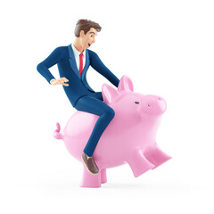 3d cartoon businessman riding piggy bank