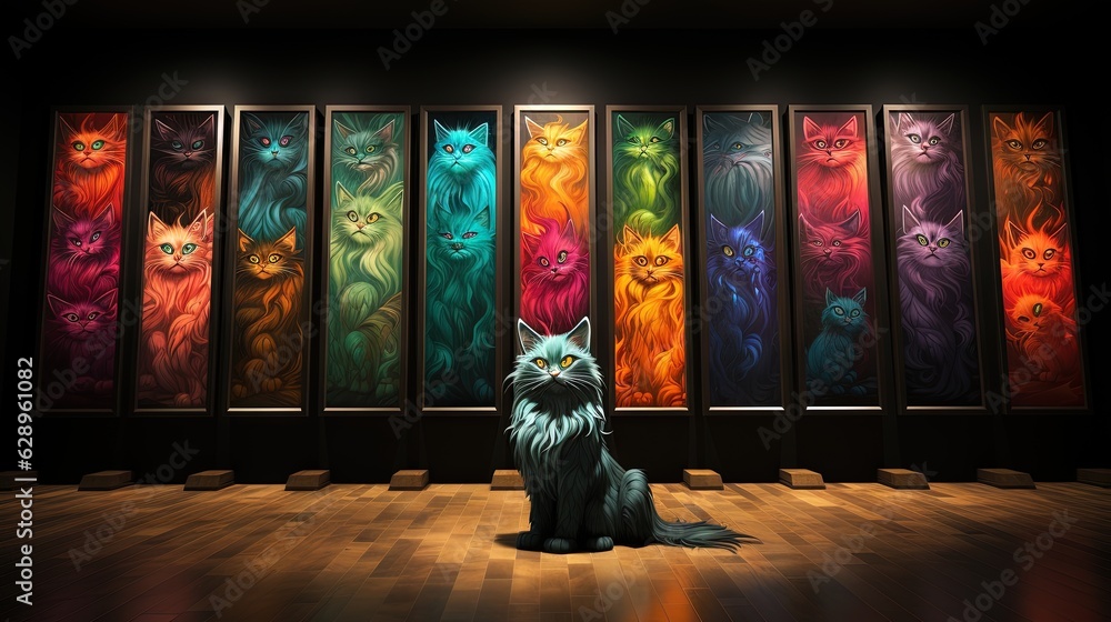 Poster a cat sitting in front of a row of colorful cats. generative ai