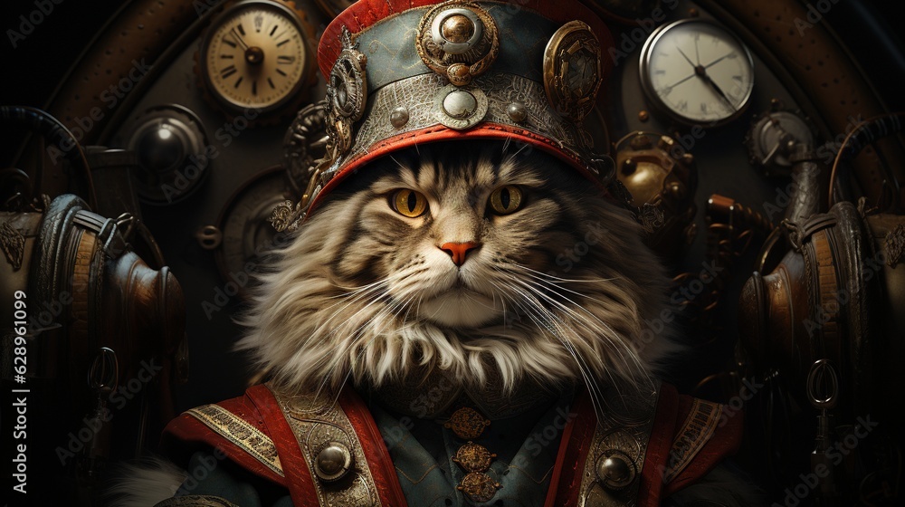 Poster a cat dressed in a costume and a hat with a clock behind it. generative ai