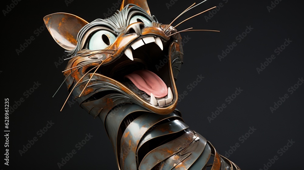 Poster a cat statue with its mouth open and it's mouth wide open. generative ai