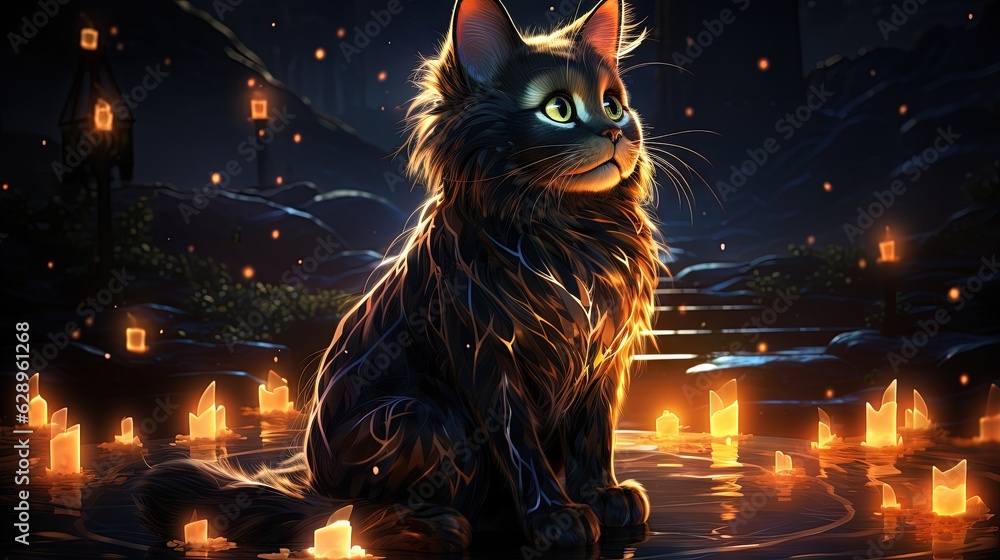 Poster a cat sitting in a pool of water with candles around it. generative ai