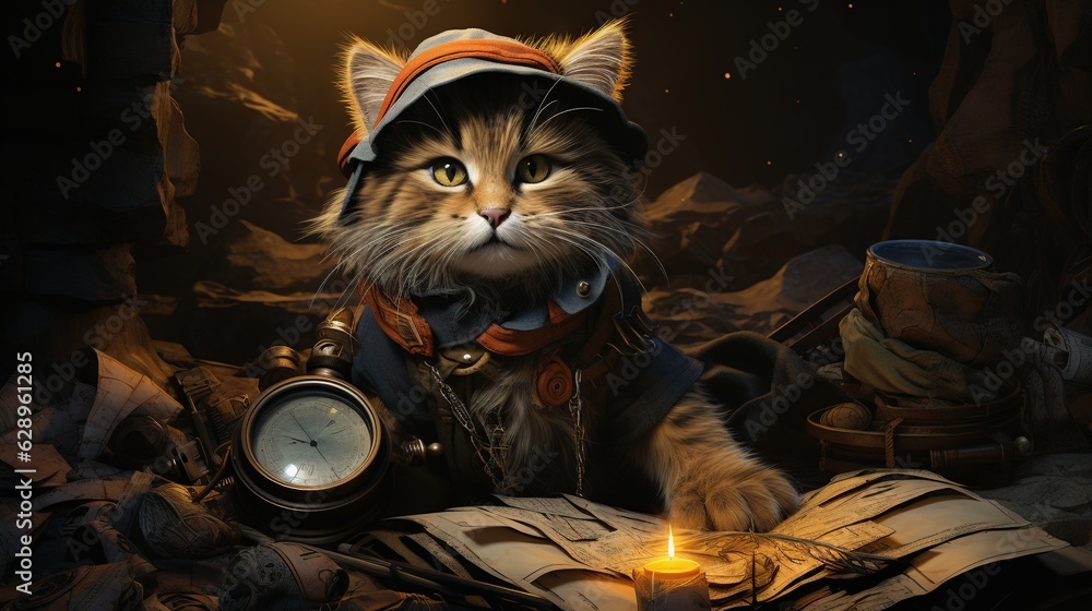 Aufkleber a cat with a hat and a clock sitting on a pile of paper. generative ai